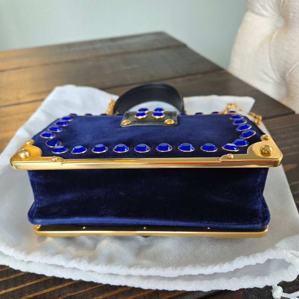 Prada Cahier Navy Blue Velvet City Calf Saffiano Leather Crystal Handbag Bag - Picture 4 of 12